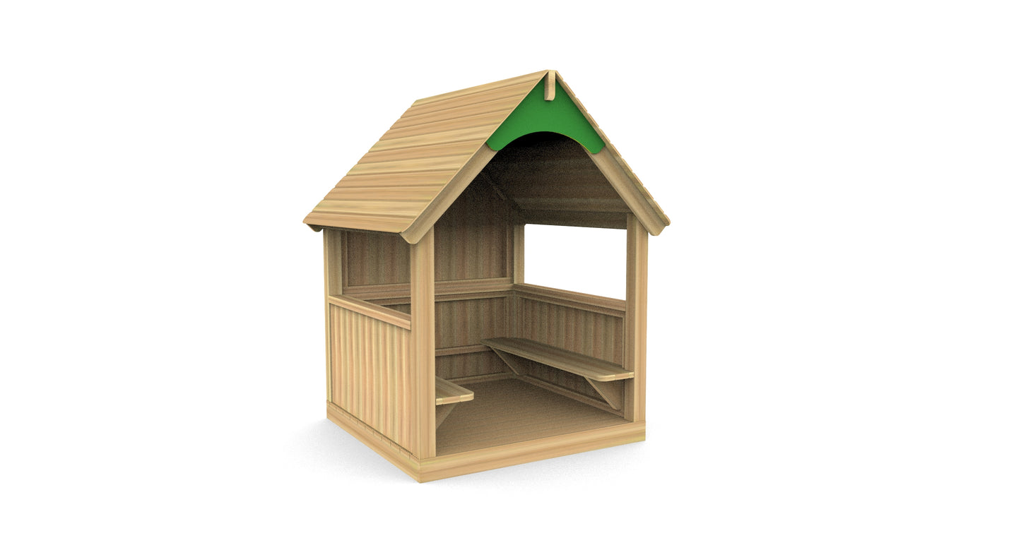 Wooden mini reading hut with a green roof, and benches