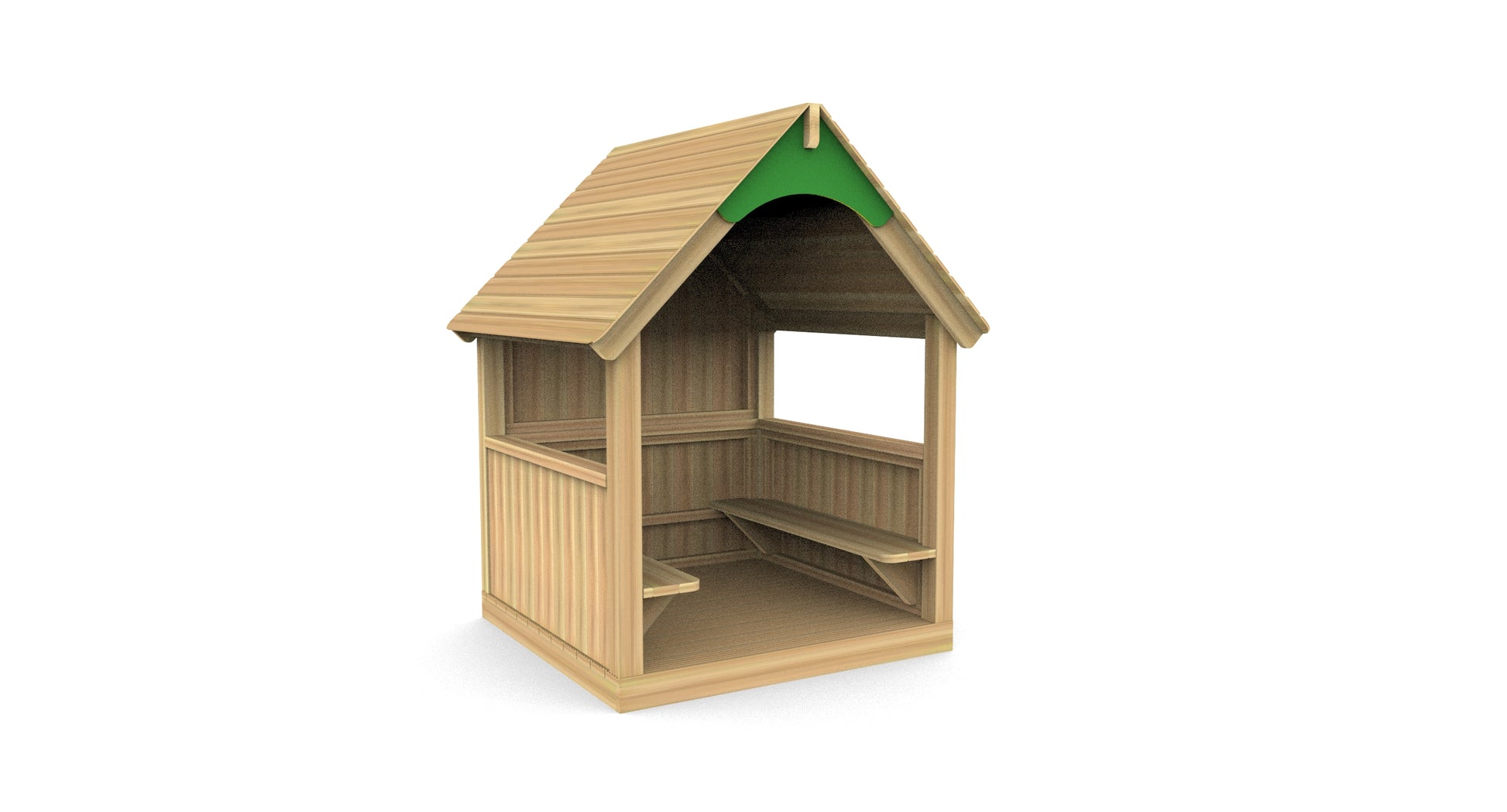 Wooden mini reading hut with a green roof, and benches