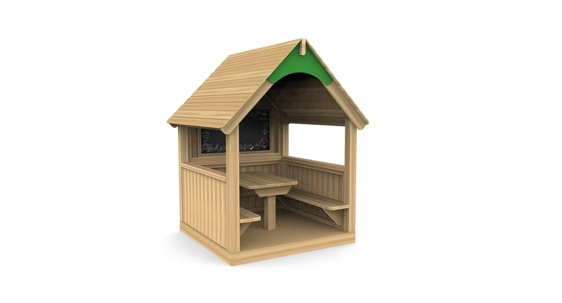 Wooden mini reading hut with a green roof, table, chalkboard, and benches