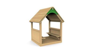 Wooden mini reading hut with a green roof, and benches