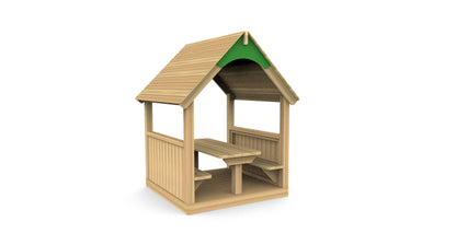Wooden mini reading hut with a green roof, table, and benches